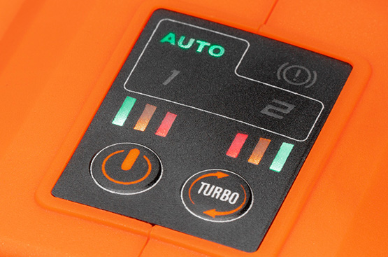 «Авто» - изменение оборотов происходит автоматически в зависимости от нагрузки «1» - В этом режиме скорость цепи 15 м/с и обороты 8100 об/мин; «2» - TURBO режим. В этом режиме достигается максимальная скорость цепи 25 м/с при 14 000 об/мин.